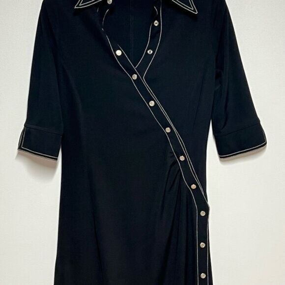 Very Rare Aline Made In Israel Black Assymetrical Snap Sheath Dress Sz 1 Small - Picture 2 of 7